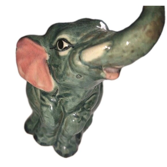 Vintage Green Ceramic Elephant Figurine Pair, Pink Ears, Upturned Trunks, 4–5... - Picture 3 of 5